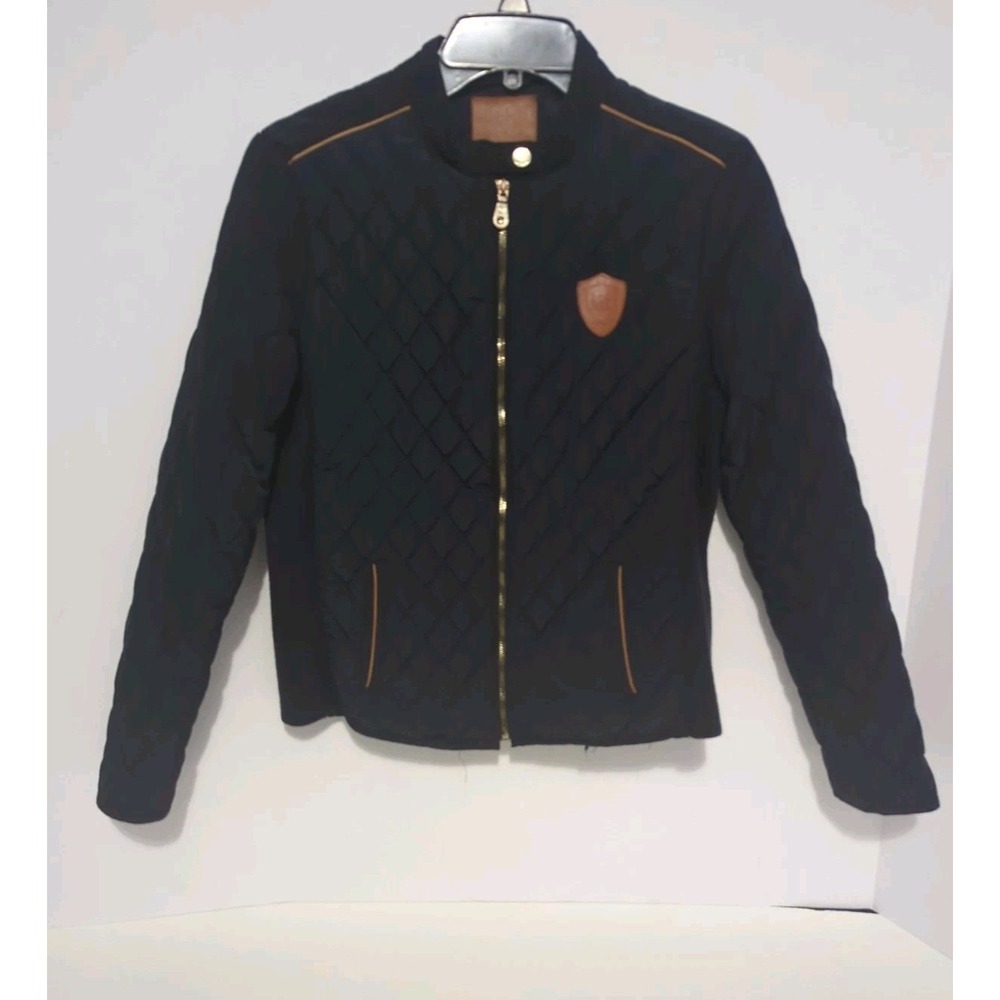 Massimo Dutti navy quilted jacket leather trim full zip Girls 13-14 A Fitted